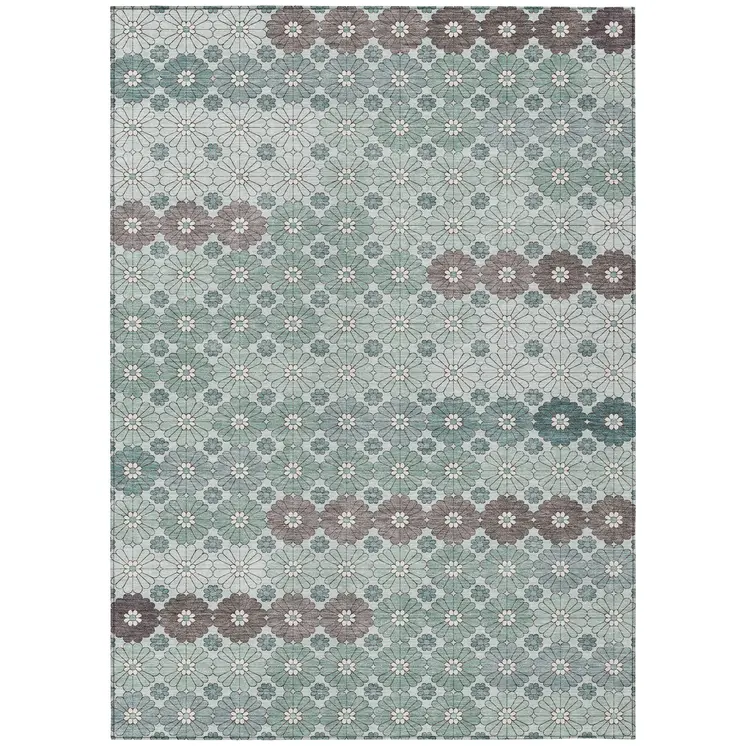 8' X 10' Teal Blue Gray And Ivory Floral Washable Indoor Outdoor Area Rug