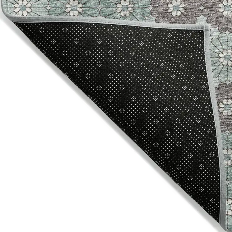 8' X 10' Teal Blue Gray And Ivory Floral Washable Indoor Outdoor Area Rug