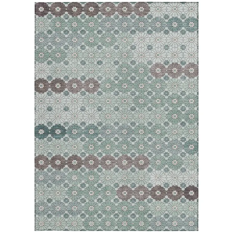 8' X 10' Teal Blue Gray And Ivory Floral Washable Indoor Outdoor Area Rug