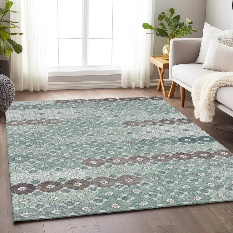 8' X 10' Teal Blue Gray And Ivory Floral Washable Indoor Outdoor Area Rug