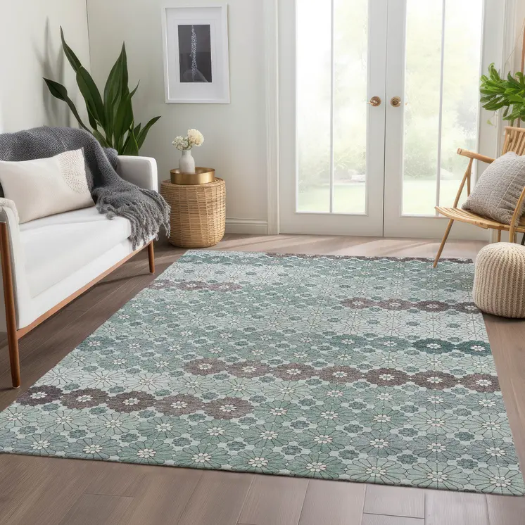 8' X 10' Teal Blue Gray And Ivory Floral Washable Indoor Outdoor Area Rug