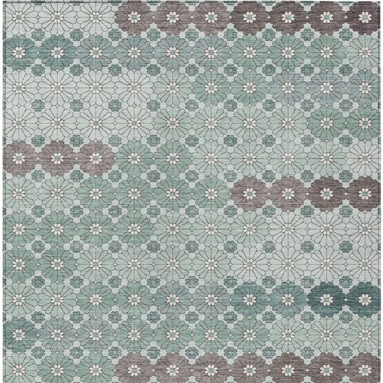 10' X 14' Teal Blue Gray And Ivory Floral Washable Indoor Outdoor Area Rug