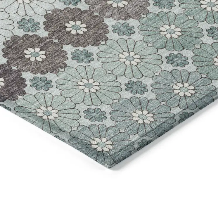 10' X 14' Teal Blue Gray And Ivory Floral Washable Indoor Outdoor Area Rug