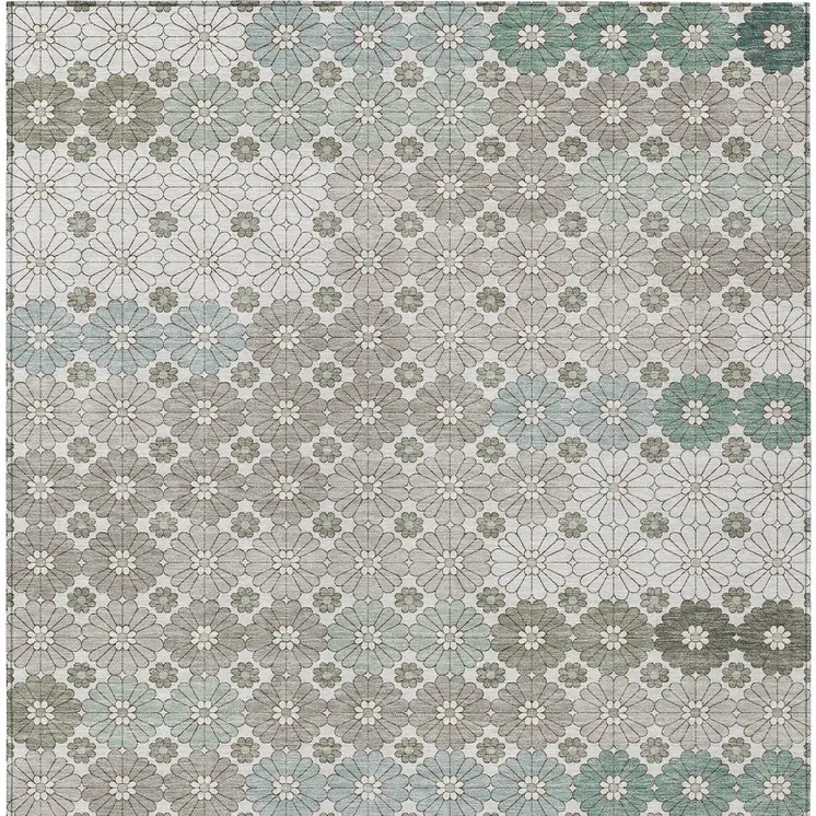 5' X 8' Taupe Teal Blue And Ivory Floral Washable Indoor Outdoor Area Rug