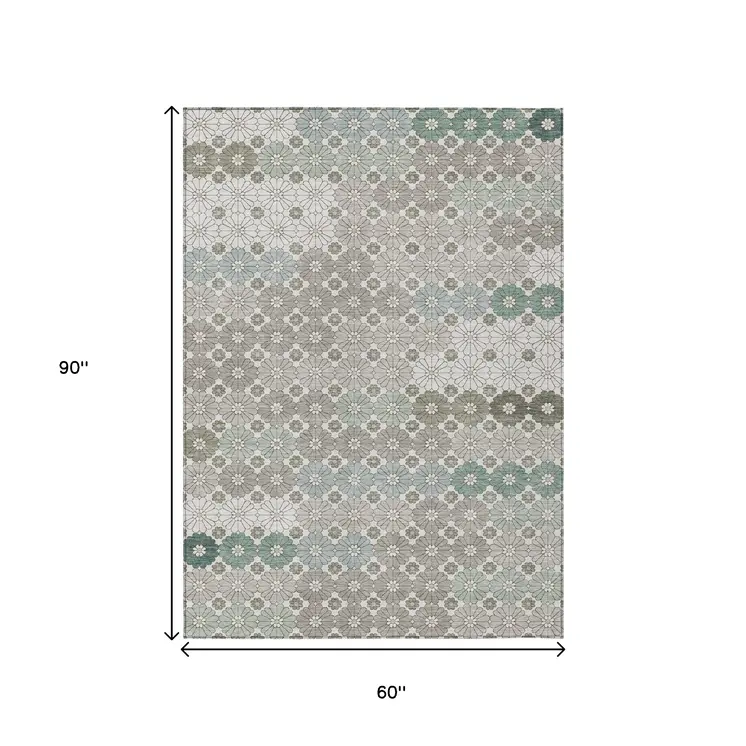 5' X 8' Taupe Teal Blue And Ivory Floral Washable Indoor Outdoor Area Rug