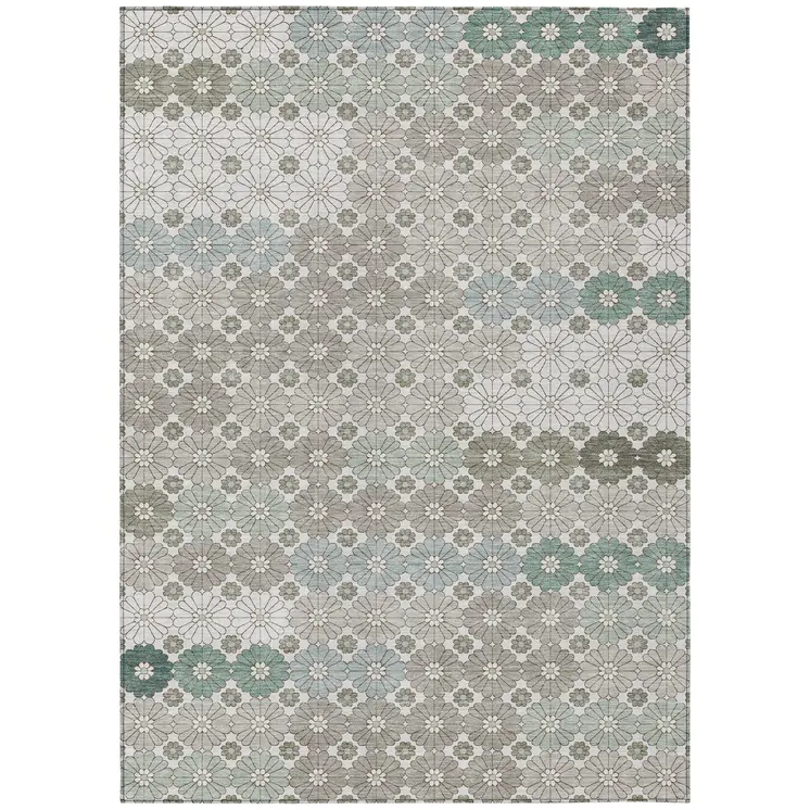 5' X 8' Taupe Teal Blue And Ivory Floral Washable Indoor Outdoor Area Rug