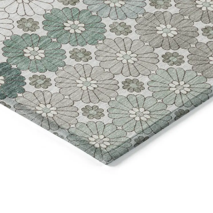 5' X 8' Taupe Teal Blue And Ivory Floral Washable Indoor Outdoor Area Rug