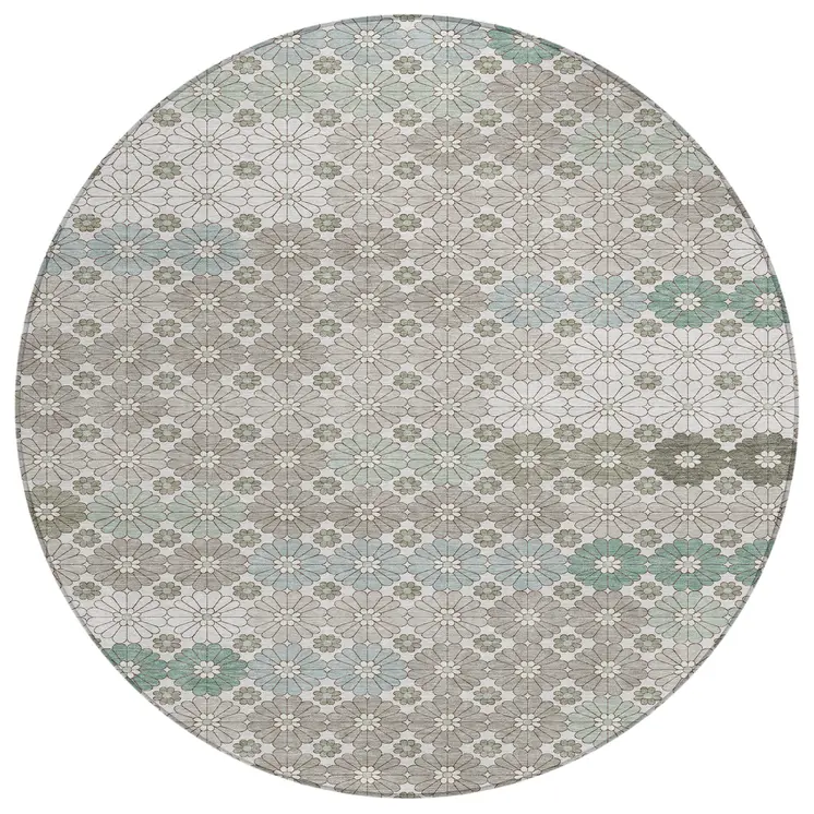 8' Taupe Teal Blue And Ivory Round Floral Washable Indoor Outdoor Area Rug