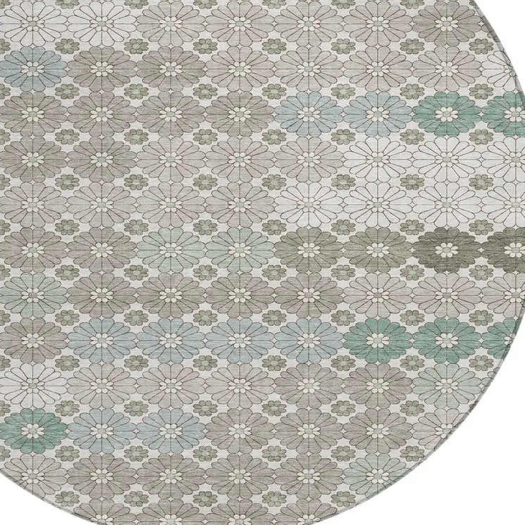 8' Taupe Teal Blue And Ivory Round Floral Washable Indoor Outdoor Area Rug