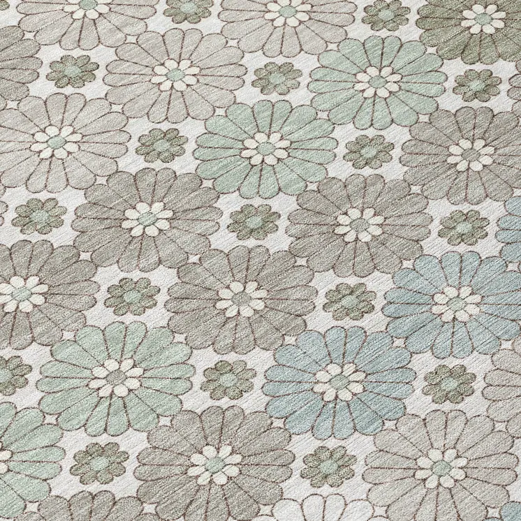 8' Taupe Teal Blue And Ivory Round Floral Washable Indoor Outdoor Area Rug