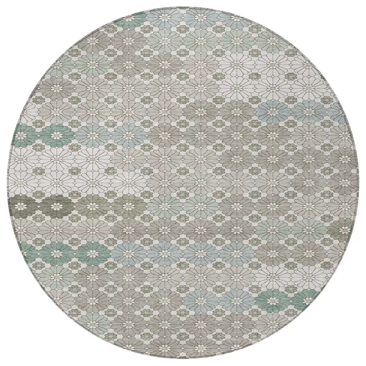 8' Taupe Teal Blue And Ivory Round Floral Washable Indoor Outdoor Area Rug