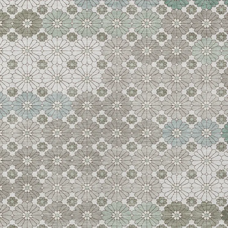 8' X 10' Taupe Teal Blue And Ivory Floral Washable Indoor Outdoor Area Rug
