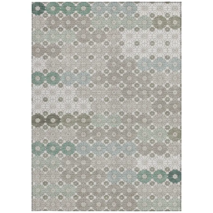 9' X 12' Taupe Teal Blue And Ivory Floral Washable Indoor Outdoor Area Rug