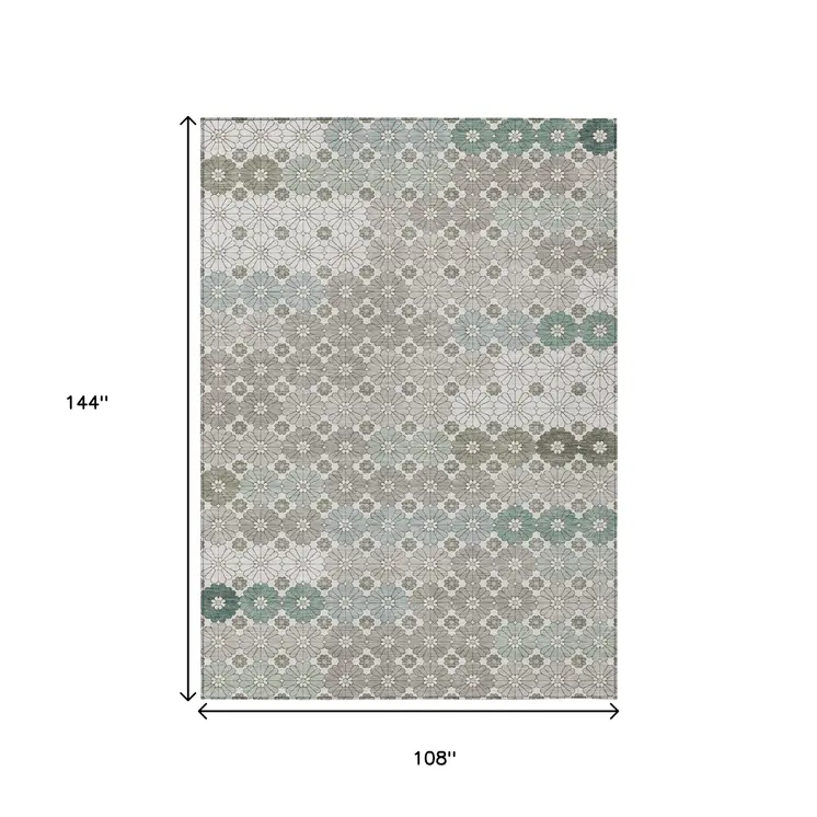 9' X 12' Taupe Teal Blue And Ivory Floral Washable Indoor Outdoor Area Rug
