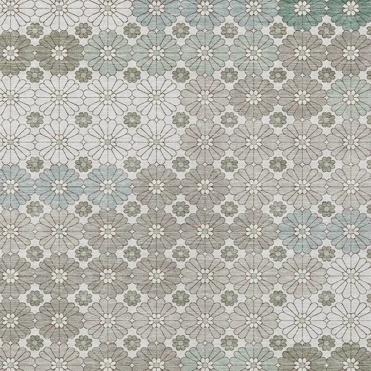 9' X 12' Taupe Teal Blue And Ivory Floral Washable Indoor Outdoor Area Rug