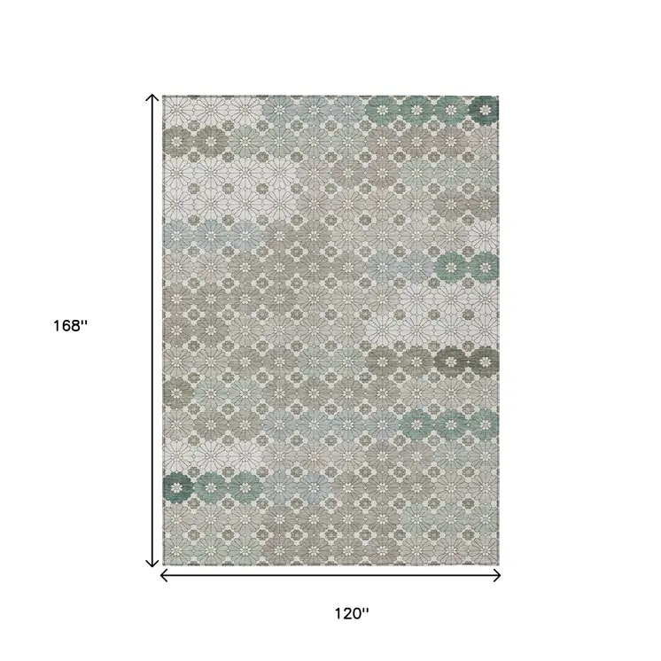 10' X 14' Taupe Teal Blue And Ivory Floral Washable Indoor Outdoor Area Rug