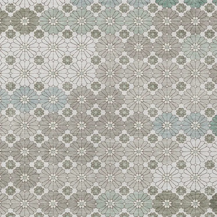 10' X 14' Taupe Teal Blue And Ivory Floral Washable Indoor Outdoor Area Rug