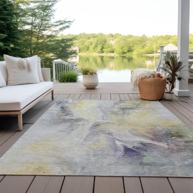 3' X 5' Gold Gray And Purple Floral Washable Indoor Outdoor Area Rug