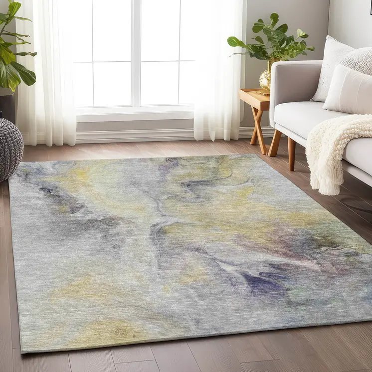 3' X 5' Gold Gray And Purple Floral Washable Indoor Outdoor Area Rug