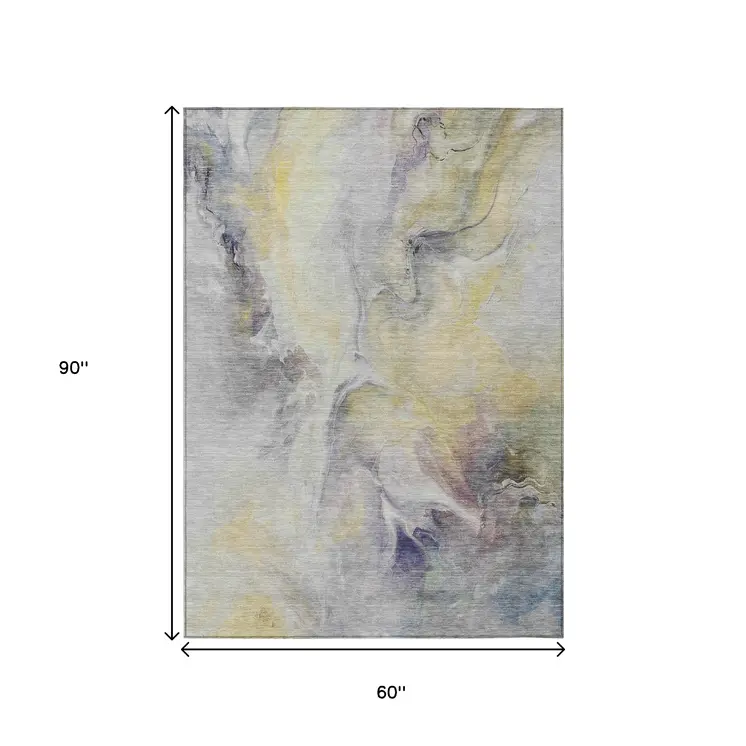5' X 8' Gold Gray And Purple Abstract Washable Indoor Outdoor Area Rug