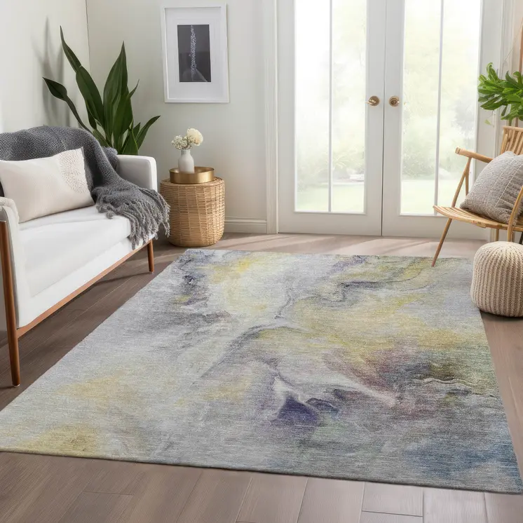 5' X 8' Gold Gray And Purple Abstract Washable Indoor Outdoor Area Rug