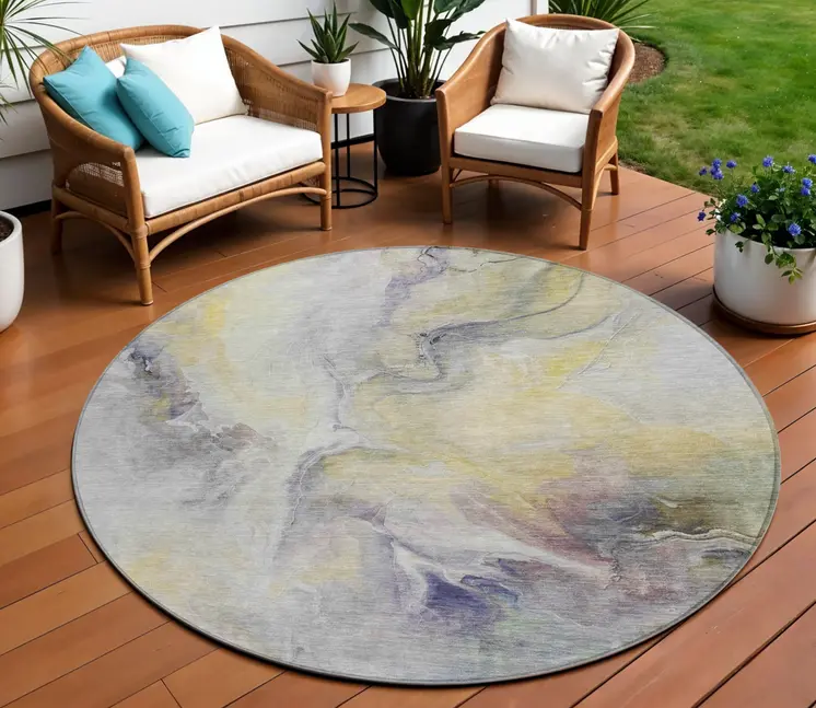 8' Gold Gray And Purple Round Abstract Washable Indoor Outdoor Area Rug