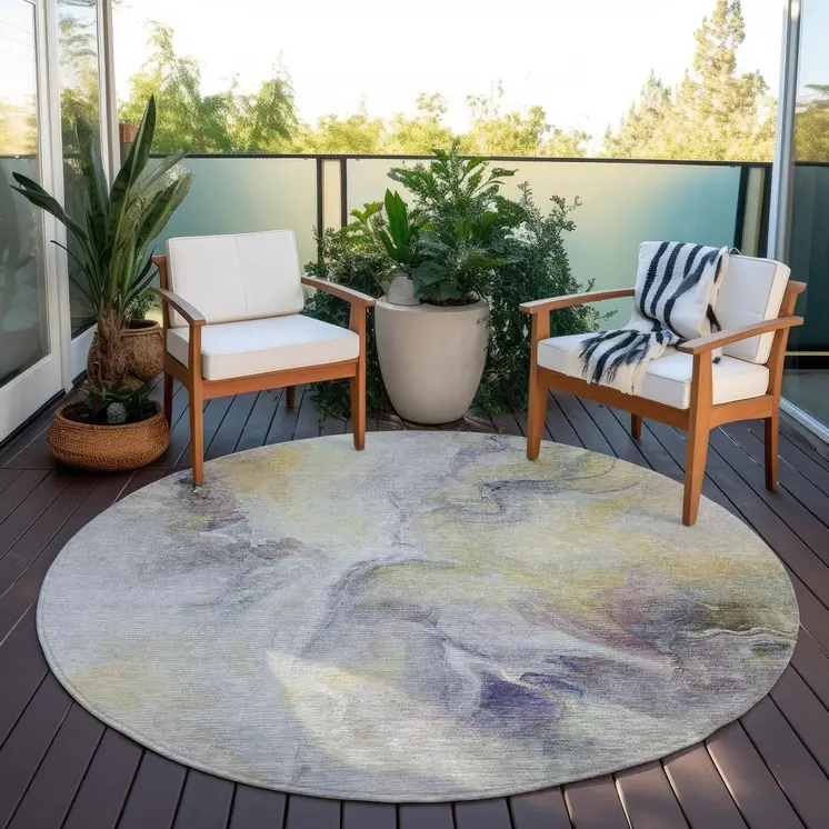 8' Gold Gray And Purple Round Abstract Washable Indoor Outdoor Area Rug