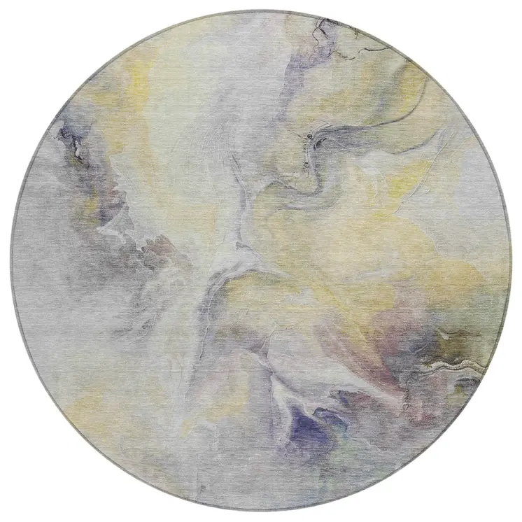 8' Gold Gray And Purple Round Abstract Washable Indoor Outdoor Area Rug
