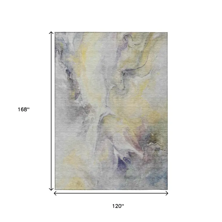 10' X 14' Gold Gray And Purple Abstract Washable Indoor Outdoor Area Rug