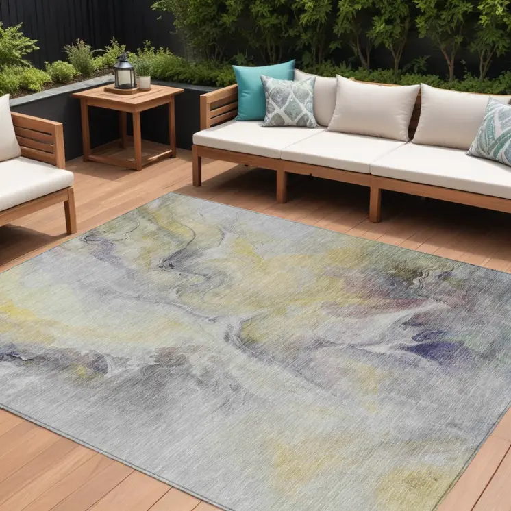 10' X 14' Gold Gray And Purple Abstract Washable Indoor Outdoor Area Rug