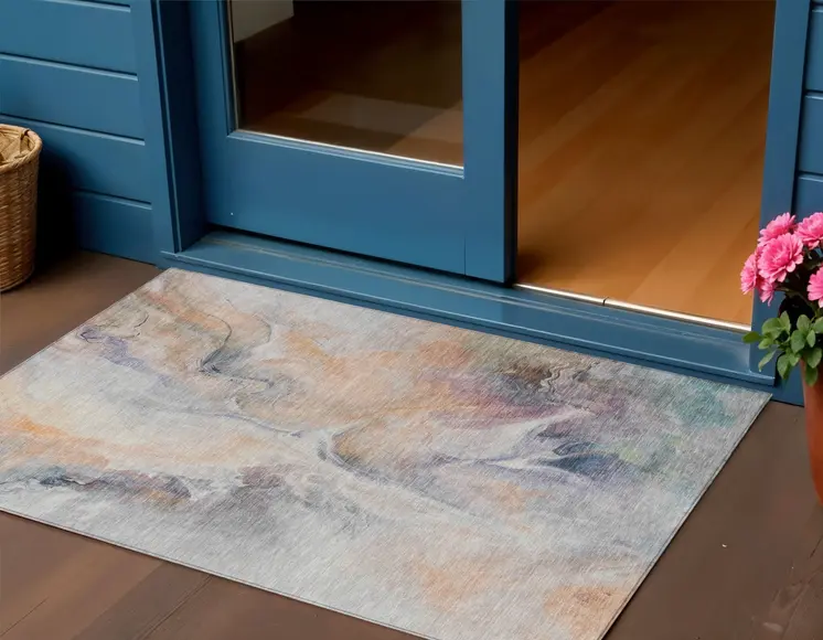 3' X 5' Linen Gray And Purple Abstract Washable Indoor Outdoor Area Rug