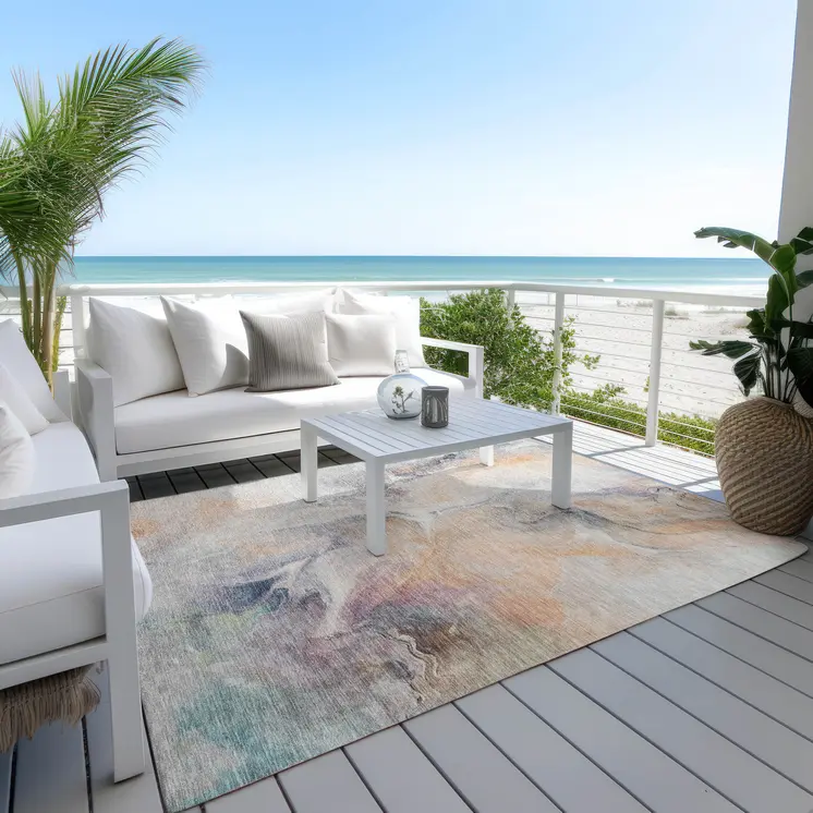 5' X 8' Linen Gray And Purple Abstract Washable Indoor Outdoor Area Rug