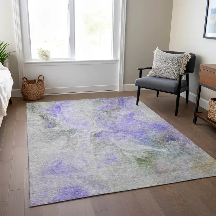 5' X 8' Lavender Gray And Green Abstract Washable Indoor Outdoor Area Rug