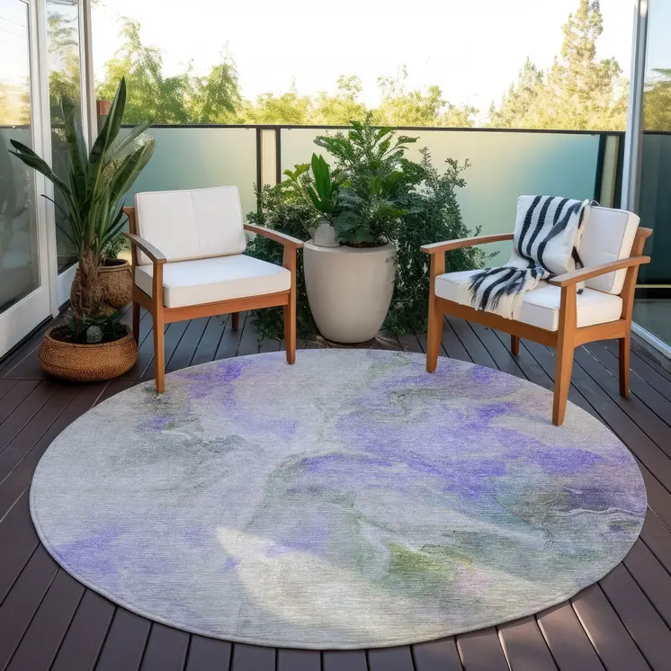8' Lavender Gray And Green Round Abstract Washable Indoor Outdoor Area Rug