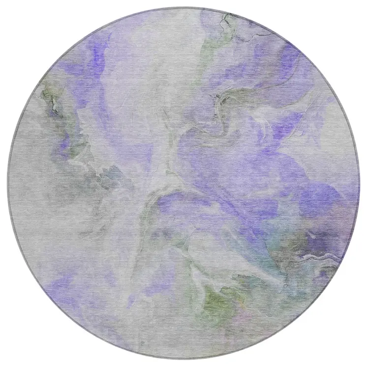 8' Lavender Gray And Green Round Abstract Washable Indoor Outdoor Area Rug