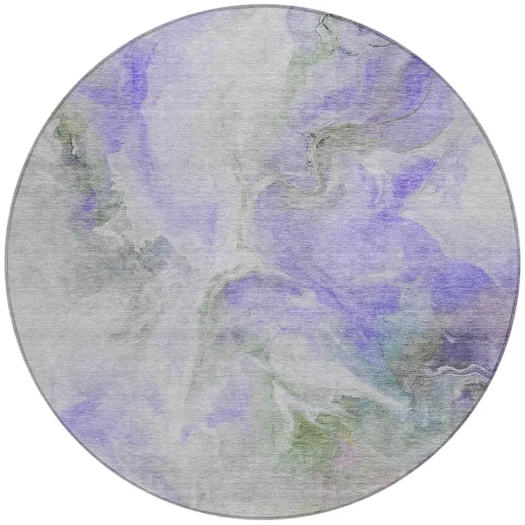 8' Lavender Gray And Green Round Abstract Washable Indoor Outdoor Area Rug