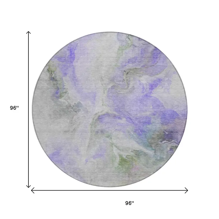 8' Lavender Gray And Green Round Abstract Washable Indoor Outdoor Area Rug