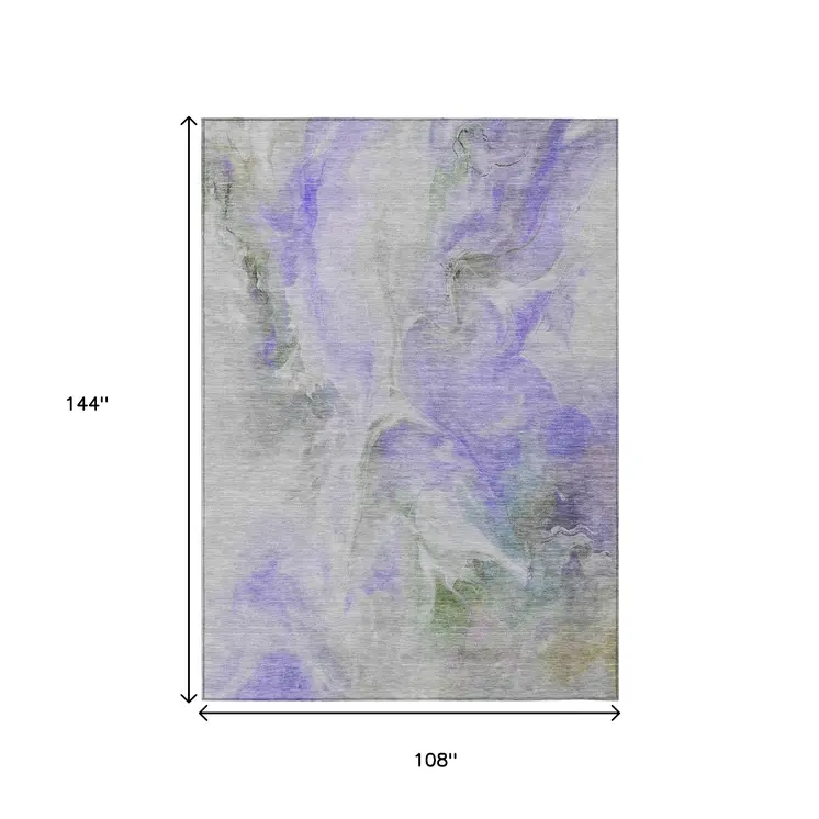 9' X 12' Lavender Gray And Green Abstract Washable Indoor Outdoor Area Rug