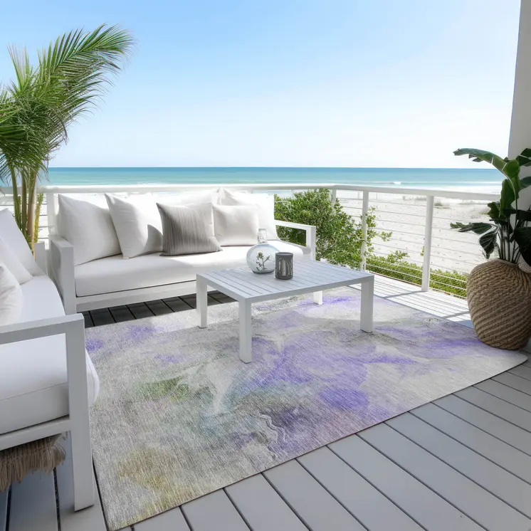 9' X 12' Lavender Gray And Green Abstract Washable Indoor Outdoor Area Rug