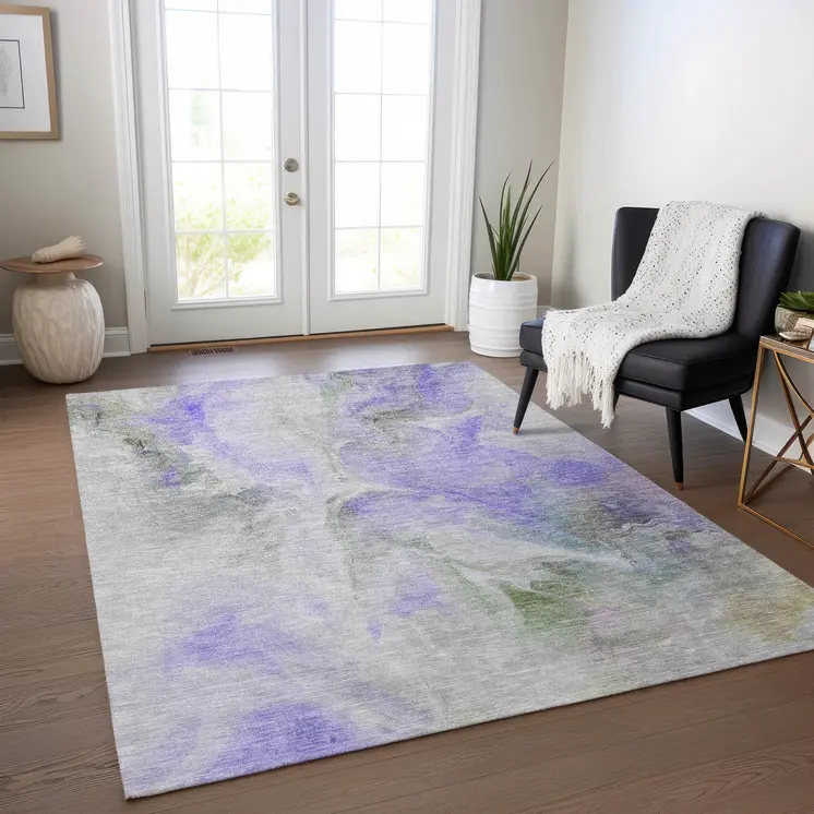 9' X 12' Lavender Gray And Green Abstract Washable Indoor Outdoor Area Rug