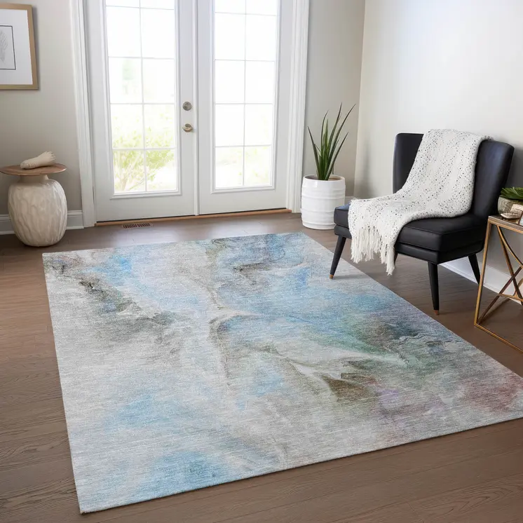 3' X 5' Sky Blue Gray And Ivory Abstract Washable Indoor Outdoor Area Rug
