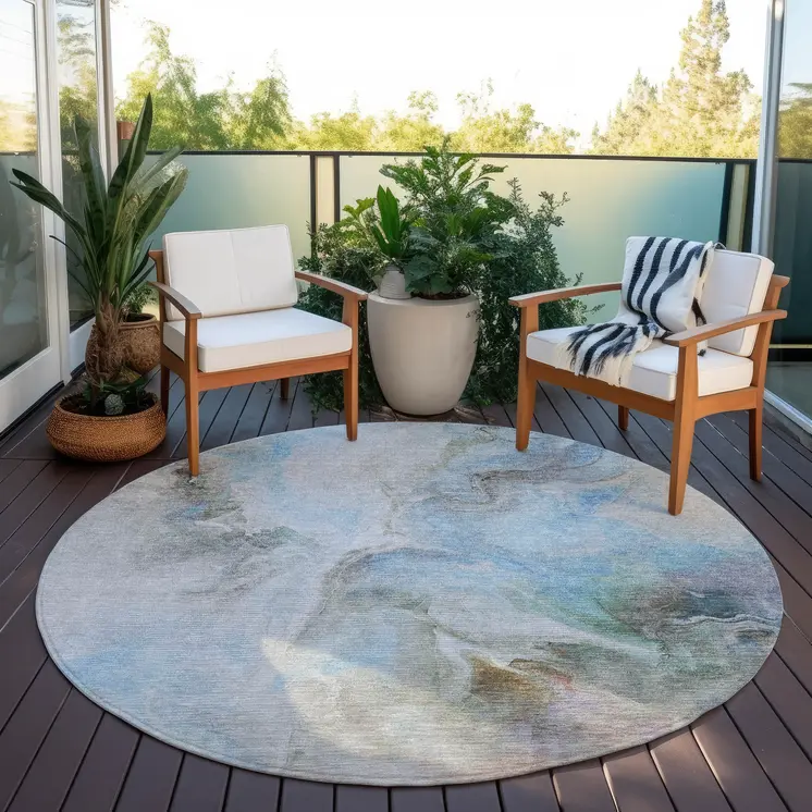 8' Sky Blue Gray And Ivory Round Abstract Washable Indoor Outdoor Area Rug