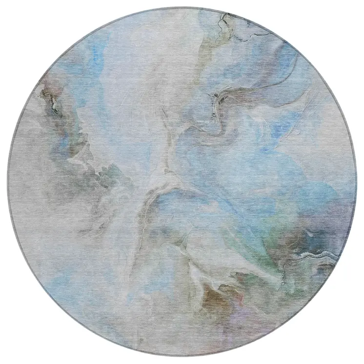 8' Sky Blue Gray And Ivory Round Abstract Washable Indoor Outdoor Area Rug