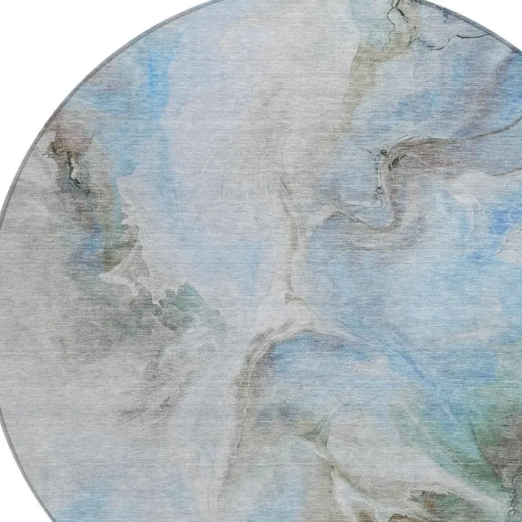 8' Sky Blue Gray And Ivory Round Abstract Washable Indoor Outdoor Area Rug