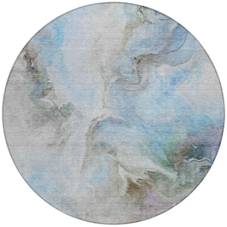 8' Sky Blue Gray And Ivory Round Abstract Washable Indoor Outdoor Area Rug