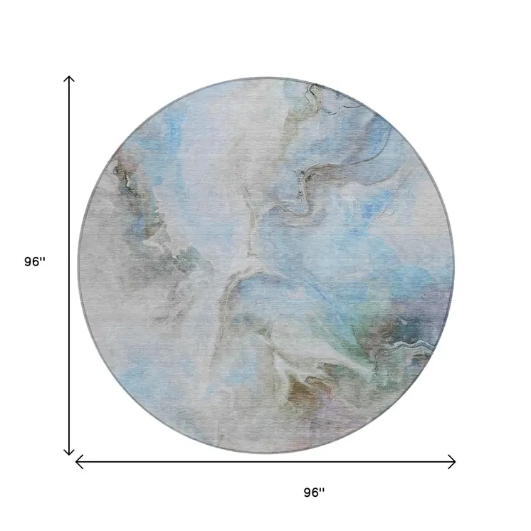 8' Sky Blue Gray And Ivory Round Abstract Washable Indoor Outdoor Area Rug