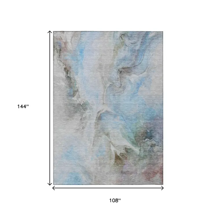 9' X 12' Sky Blue Gray And Ivory Abstract Washable Indoor Outdoor Area Rug