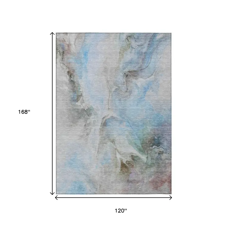 10' X 14' Sky Blue Gray And Ivory Abstract Washable Indoor Outdoor Area Rug
