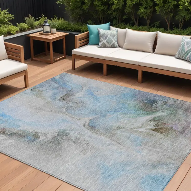 10' X 14' Sky Blue Gray And Ivory Abstract Washable Indoor Outdoor Area Rug