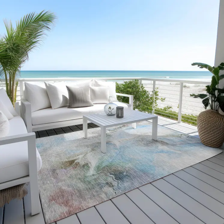 10' X 14' Sky Blue Gray And Ivory Abstract Washable Indoor Outdoor Area Rug